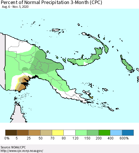 Papua New Guinea Percent of Normal Precipitation 3-Month (CPC) Thematic Map For 8/6/2020 - 11/5/2020