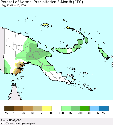 Papua New Guinea Percent of Normal Precipitation 3-Month (CPC) Thematic Map For 8/11/2020 - 11/10/2020