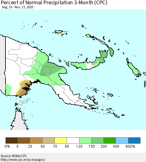 Papua New Guinea Percent of Normal Precipitation 3-Month (CPC) Thematic Map For 8/16/2020 - 11/15/2020