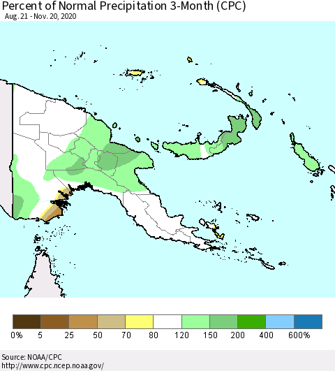 Papua New Guinea Percent of Normal Precipitation 3-Month (CPC) Thematic Map For 8/21/2020 - 11/20/2020