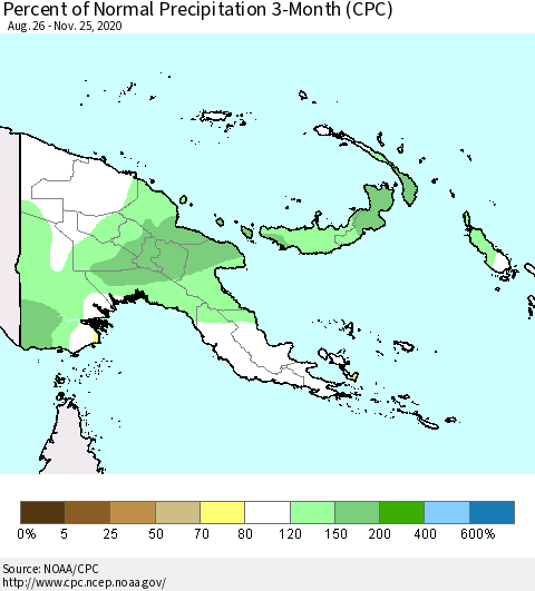 Papua New Guinea Percent of Normal Precipitation 3-Month (CPC) Thematic Map For 8/26/2020 - 11/25/2020