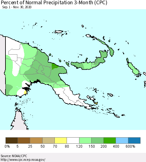Papua New Guinea Percent of Normal Precipitation 3-Month (CPC) Thematic Map For 9/1/2020 - 11/30/2020
