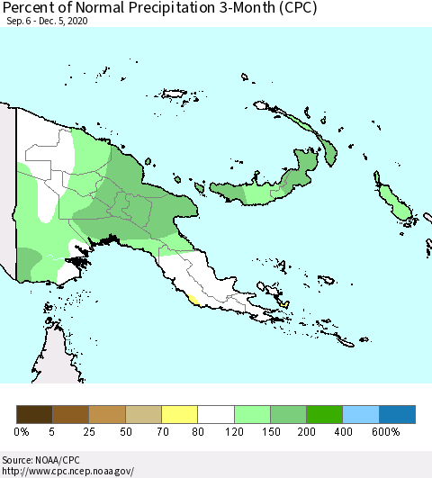 Papua New Guinea Percent of Normal Precipitation 3-Month (CPC) Thematic Map For 9/6/2020 - 12/5/2020