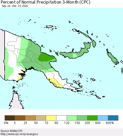 Papua New Guinea Percent of Normal Precipitation 3-Month (CPC) Thematic Map For 9/16/2020 - 12/15/2020