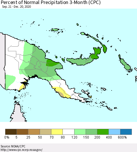 Papua New Guinea Percent of Normal Precipitation 3-Month (CPC) Thematic Map For 9/21/2020 - 12/20/2020