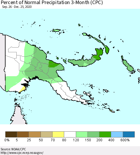 Papua New Guinea Percent of Normal Precipitation 3-Month (CPC) Thematic Map For 9/26/2020 - 12/25/2020