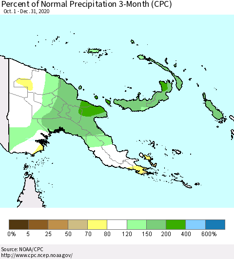 Papua New Guinea Percent of Normal Precipitation 3-Month (CPC) Thematic Map For 10/1/2020 - 12/31/2020
