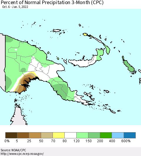 Papua New Guinea Percent of Normal Precipitation 3-Month (CPC) Thematic Map For 10/6/2021 - 1/5/2022
