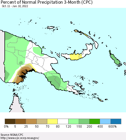 Papua New Guinea Percent of Normal Precipitation 3-Month (CPC) Thematic Map For 10/11/2021 - 1/10/2022