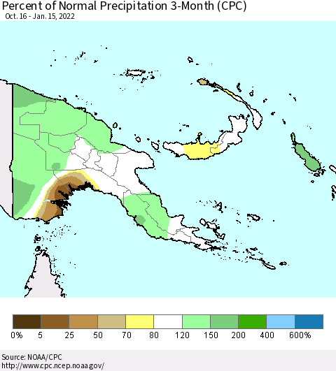 Papua New Guinea Percent of Normal Precipitation 3-Month (CPC) Thematic Map For 10/16/2021 - 1/15/2022