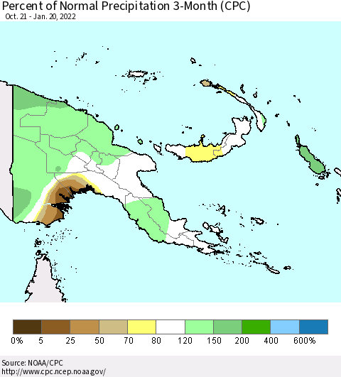 Papua New Guinea Percent of Normal Precipitation 3-Month (CPC) Thematic Map For 10/21/2021 - 1/20/2022