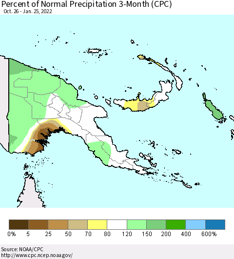 Papua New Guinea Percent of Normal Precipitation 3-Month (CPC) Thematic Map For 10/26/2021 - 1/25/2022