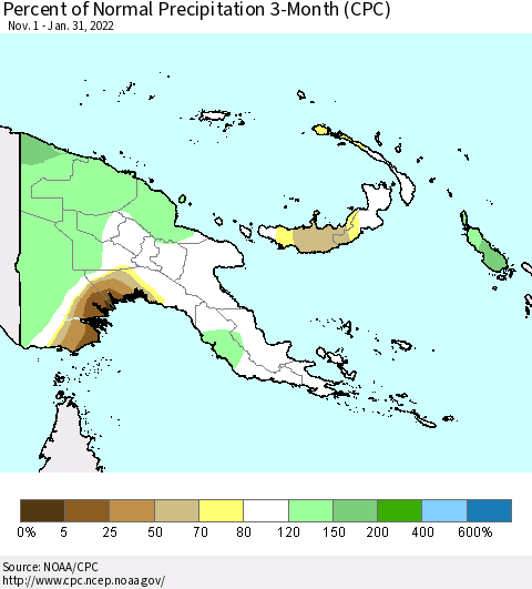 Papua New Guinea Percent of Normal Precipitation 3-Month (CPC) Thematic Map For 11/1/2021 - 1/31/2022