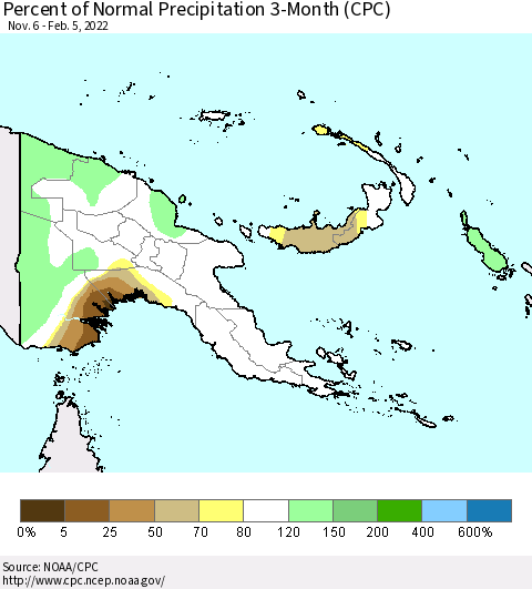 Papua New Guinea Percent of Normal Precipitation 3-Month (CPC) Thematic Map For 11/6/2021 - 2/5/2022