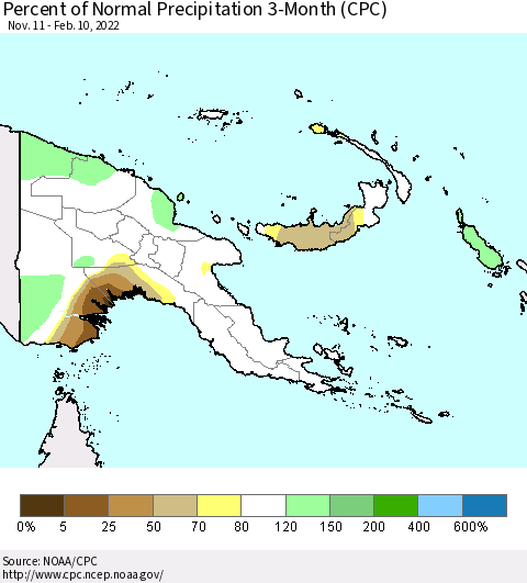 Papua New Guinea Percent of Normal Precipitation 3-Month (CPC) Thematic Map For 11/11/2021 - 2/10/2022