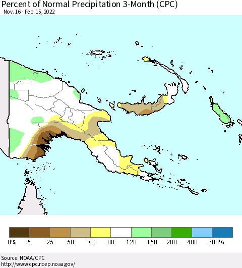Papua New Guinea Percent of Normal Precipitation 3-Month (CPC) Thematic Map For 11/16/2021 - 2/15/2022
