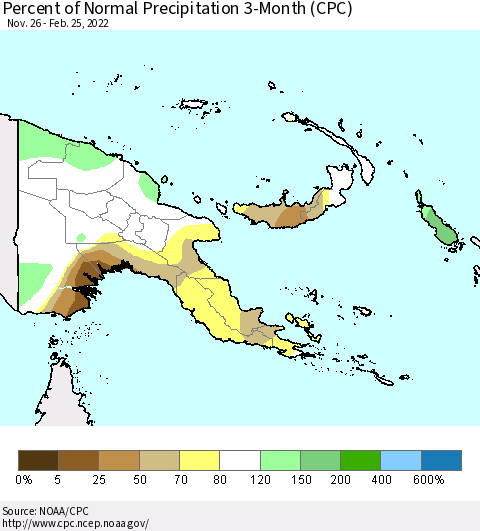 Papua New Guinea Percent of Normal Precipitation 3-Month (CPC) Thematic Map For 11/26/2021 - 2/25/2022