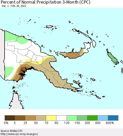 Papua New Guinea Percent of Normal Precipitation 3-Month (CPC) Thematic Map For 12/1/2021 - 2/28/2022