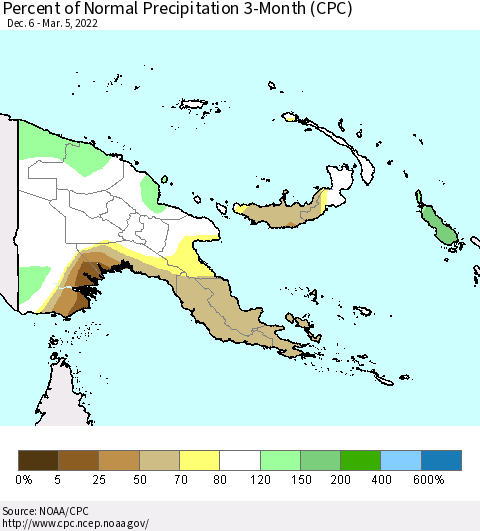 Papua New Guinea Percent of Normal Precipitation 3-Month (CPC) Thematic Map For 12/6/2021 - 3/5/2022