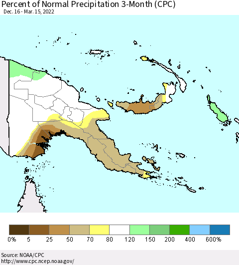 Papua New Guinea Percent of Normal Precipitation 3-Month (CPC) Thematic Map For 12/16/2021 - 3/15/2022