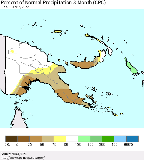 Papua New Guinea Percent of Normal Precipitation 3-Month (CPC) Thematic Map For 1/6/2022 - 4/5/2022