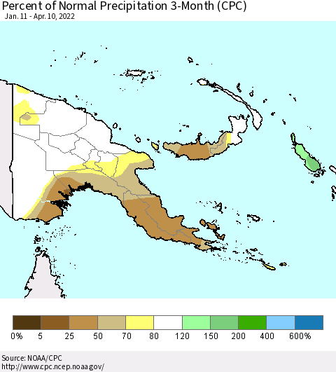 Papua New Guinea Percent of Normal Precipitation 3-Month (CPC) Thematic Map For 1/11/2022 - 4/10/2022