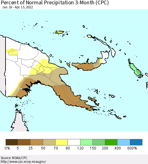 Papua New Guinea Percent of Normal Precipitation 3-Month (CPC) Thematic Map For 1/16/2022 - 4/15/2022