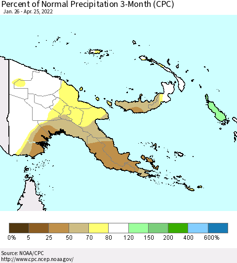 Papua New Guinea Percent of Normal Precipitation 3-Month (CPC) Thematic Map For 1/26/2022 - 4/25/2022