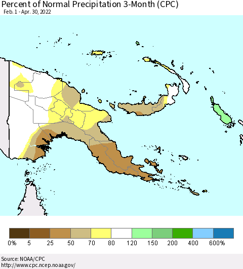 Papua New Guinea Percent of Normal Precipitation 3-Month (CPC) Thematic Map For 2/1/2022 - 4/30/2022