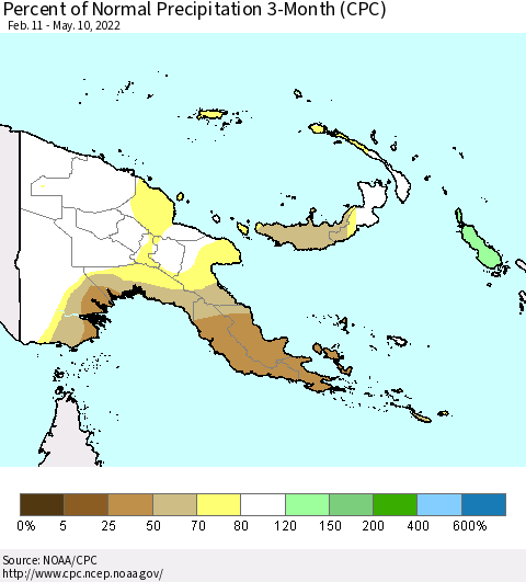 Papua New Guinea Percent of Normal Precipitation 3-Month (CPC) Thematic Map For 2/11/2022 - 5/10/2022