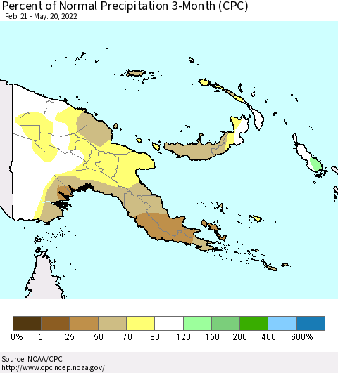 Papua New Guinea Percent of Normal Precipitation 3-Month (CPC) Thematic Map For 2/21/2022 - 5/20/2022