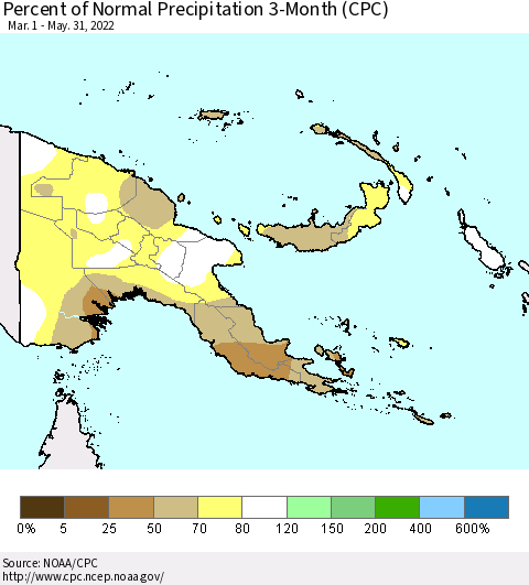 Papua New Guinea Percent of Normal Precipitation 3-Month (CPC) Thematic Map For 3/1/2022 - 5/31/2022