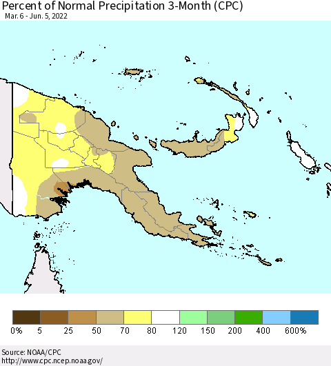 Papua New Guinea Percent of Normal Precipitation 3-Month (CPC) Thematic Map For 3/6/2022 - 6/5/2022
