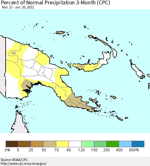 Papua New Guinea Percent of Normal Precipitation 3-Month (CPC) Thematic Map For 3/21/2022 - 6/20/2022