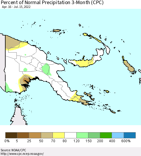 Papua New Guinea Percent of Normal Precipitation 3-Month (CPC) Thematic Map For 4/16/2022 - 7/15/2022