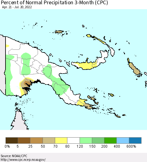 Papua New Guinea Percent of Normal Precipitation 3-Month (CPC) Thematic Map For 4/21/2022 - 7/20/2022