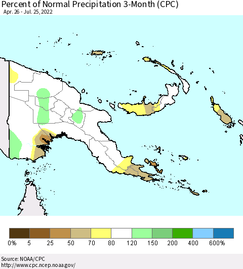 Papua New Guinea Percent of Normal Precipitation 3-Month (CPC) Thematic Map For 4/26/2022 - 7/25/2022