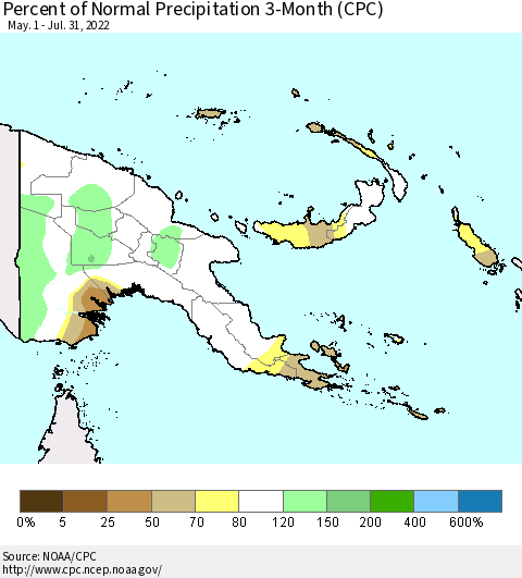 Papua New Guinea Percent of Normal Precipitation 3-Month (CPC) Thematic Map For 5/1/2022 - 7/31/2022