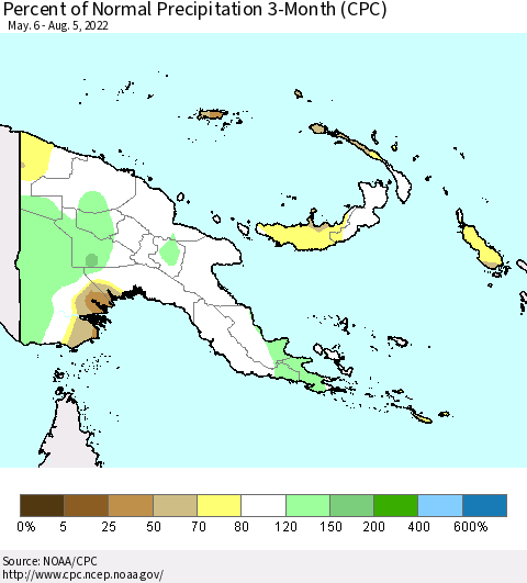 Papua New Guinea Percent of Normal Precipitation 3-Month (CPC) Thematic Map For 5/6/2022 - 8/5/2022