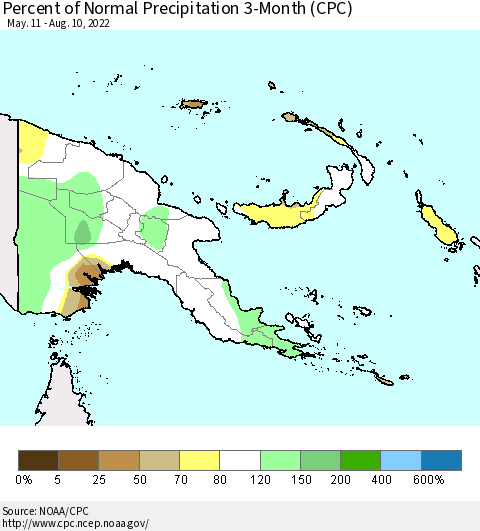 Papua New Guinea Percent of Normal Precipitation 3-Month (CPC) Thematic Map For 5/11/2022 - 8/10/2022