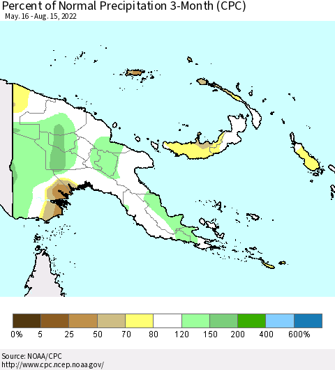 Papua New Guinea Percent of Normal Precipitation 3-Month (CPC) Thematic Map For 5/16/2022 - 8/15/2022
