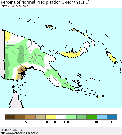 Papua New Guinea Percent of Normal Precipitation 3-Month (CPC) Thematic Map For 5/21/2022 - 8/20/2022