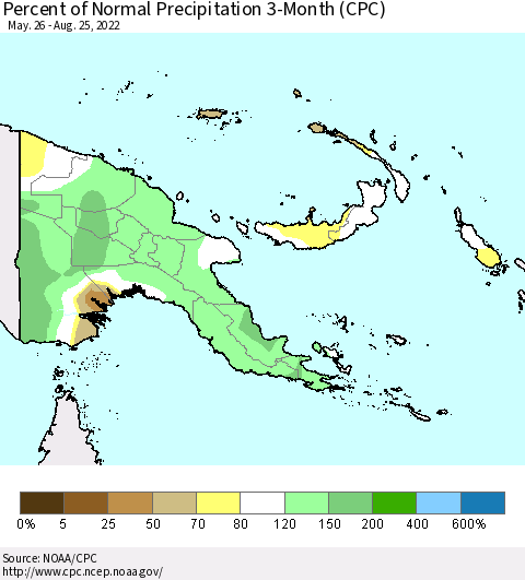 Papua New Guinea Percent of Normal Precipitation 3-Month (CPC) Thematic Map For 5/26/2022 - 8/25/2022