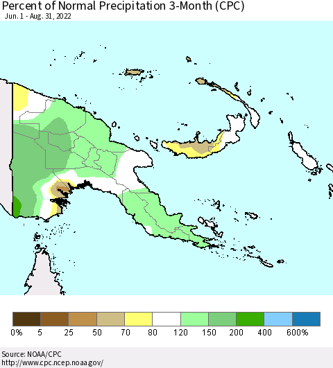 Papua New Guinea Percent of Normal Precipitation 3-Month (CPC) Thematic Map For 6/1/2022 - 8/31/2022