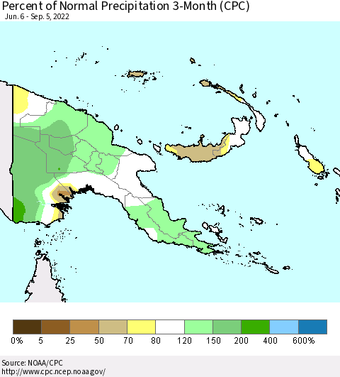 Papua New Guinea Percent of Normal Precipitation 3-Month (CPC) Thematic Map For 6/6/2022 - 9/5/2022