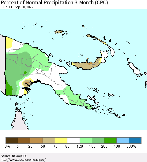 Papua New Guinea Percent of Normal Precipitation 3-Month (CPC) Thematic Map For 6/11/2022 - 9/10/2022