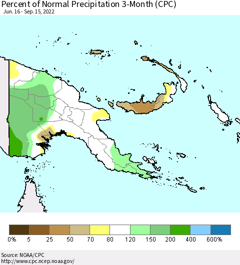 Papua New Guinea Percent of Normal Precipitation 3-Month (CPC) Thematic Map For 6/16/2022 - 9/15/2022