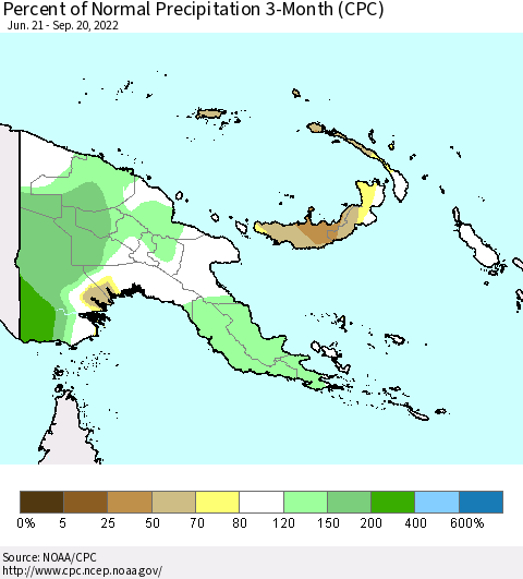 Papua New Guinea Percent of Normal Precipitation 3-Month (CPC) Thematic Map For 6/21/2022 - 9/20/2022