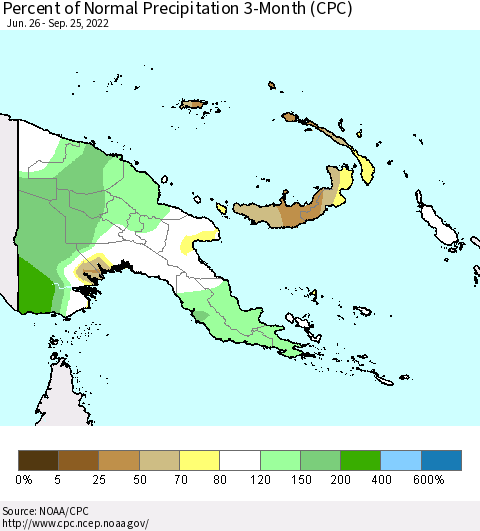 Papua New Guinea Percent of Normal Precipitation 3-Month (CPC) Thematic Map For 6/26/2022 - 9/25/2022
