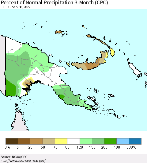 Papua New Guinea Percent of Normal Precipitation 3-Month (CPC) Thematic Map For 7/1/2022 - 9/30/2022